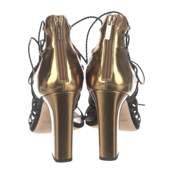 Jimmy Choo Diamond Black Satin Honey Gold Leather Sandals Tassels Heels Size 38 - Picture 9 of 13